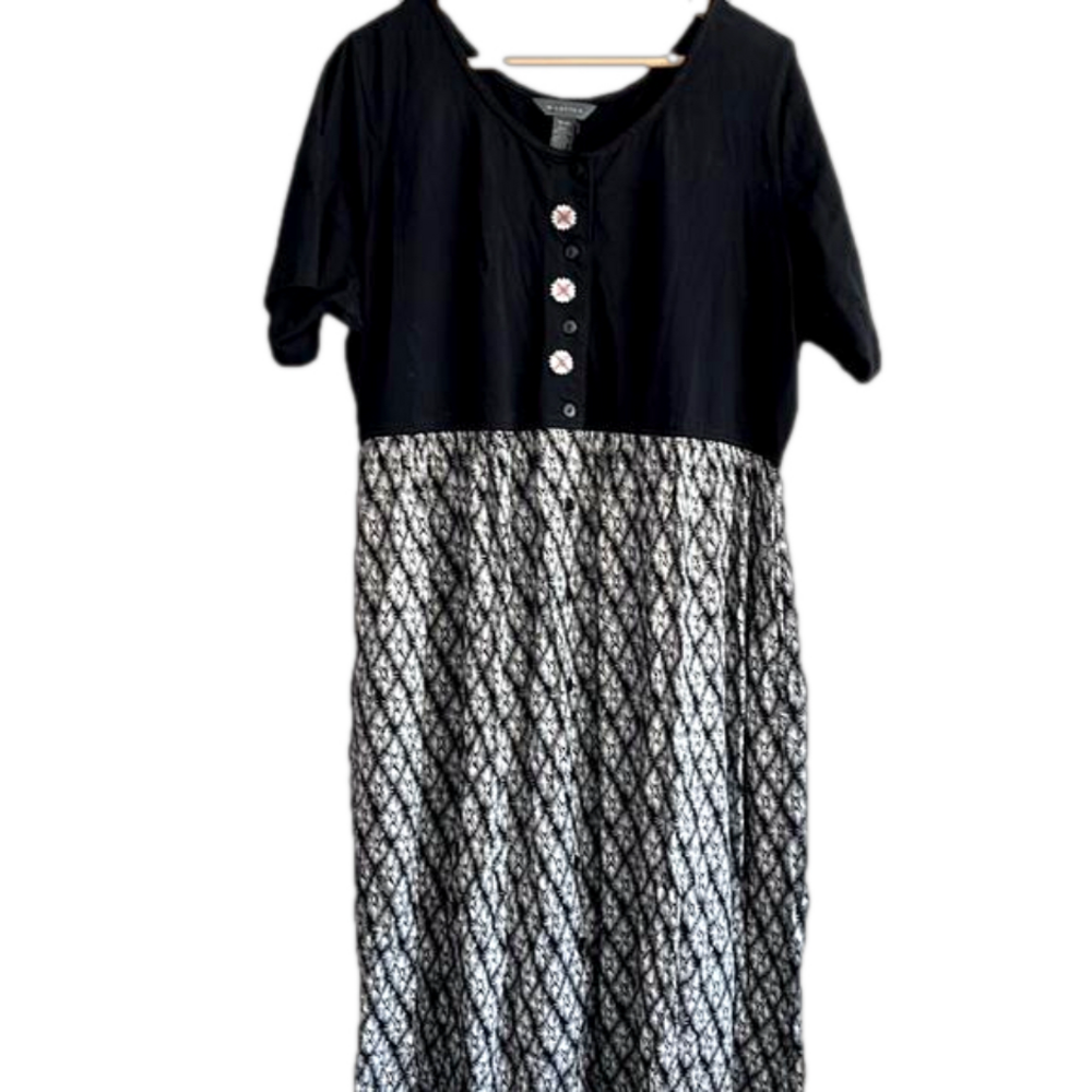 16 Mantles Boho XL Midi Maxi Dress Black White Print Button Up